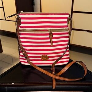 Dooney & Bourke Red and White Striped Crossbody Bag with Tan Leather Trim